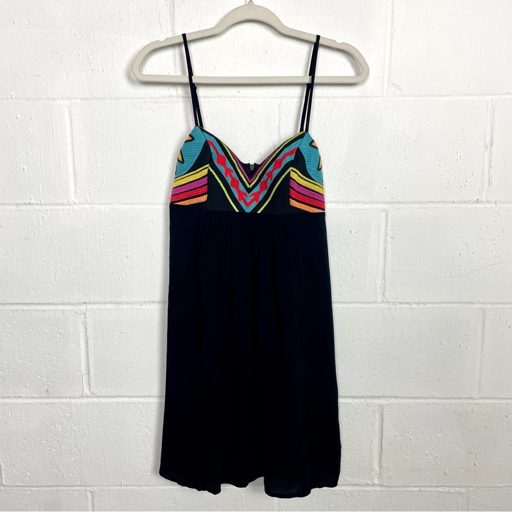 Lovestitch‎ Y2K Black Babydoll Dress Colorful Embroidery Bo-Ho Aztec Festival M